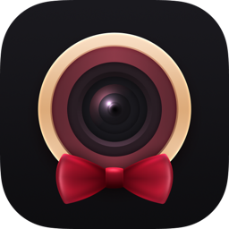PicButler app icon: a camera lens wearing a red bow tie