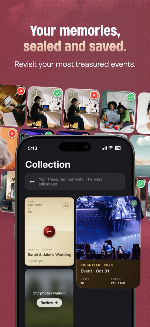 Collection screen: finished albums, like a wedding, saved as keepsakes.