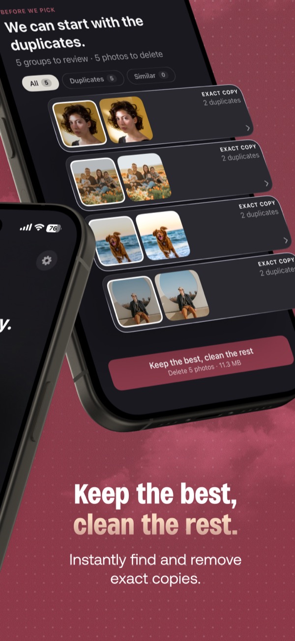PicButler duplicates screen: groups of exact copies shown side by side, with a button to keep the best photo of each group and clean the rest.