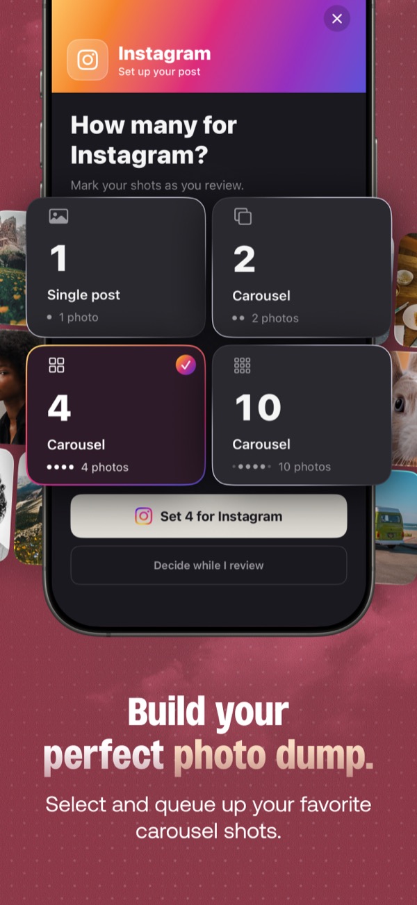 Instagram setup: choose a single post or a carousel of 2, 4 or 10 photos while you review.