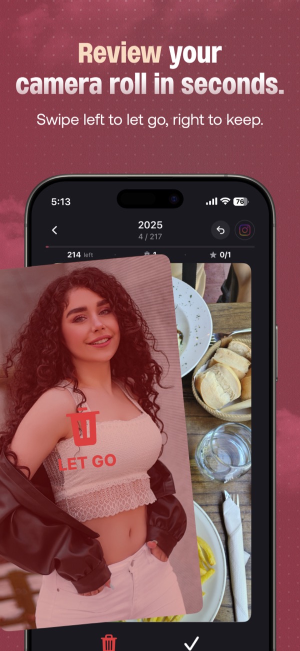 Swipe review: swipe left to let a photo go, right to keep it.