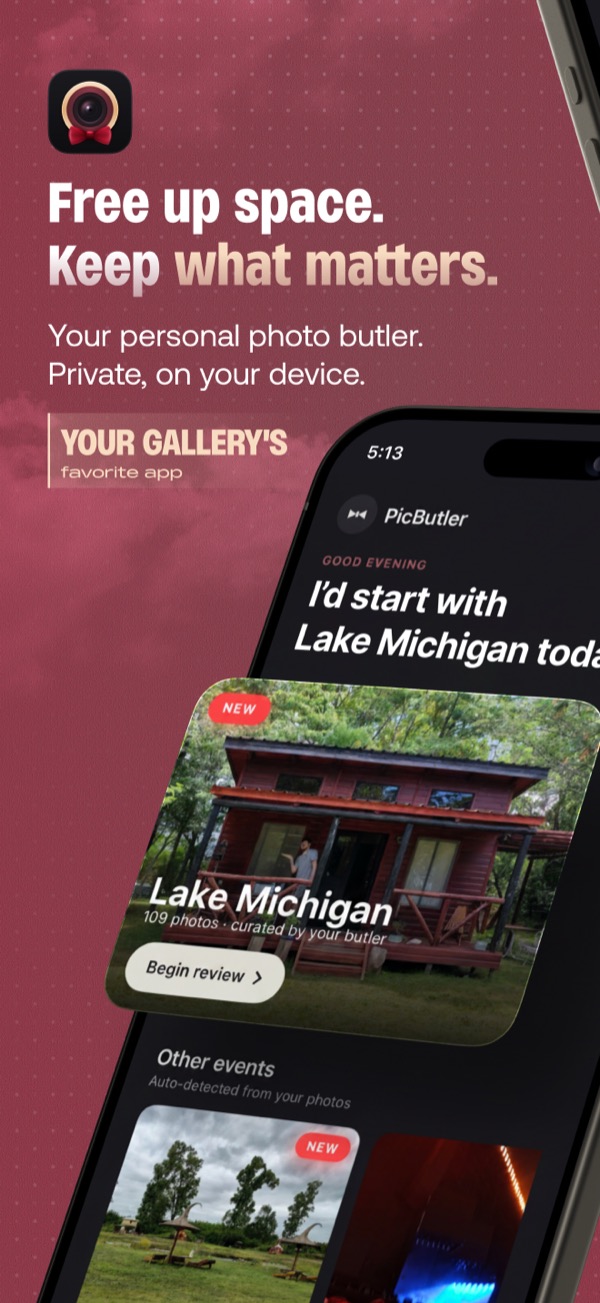 PicButler home screen suggesting a trip to review first, Lake Michigan, with other events detected below.
